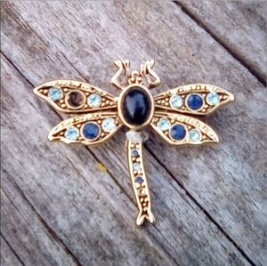 Vintage Dragonfly Brooch in Gold Tone with Blue & Black Stones